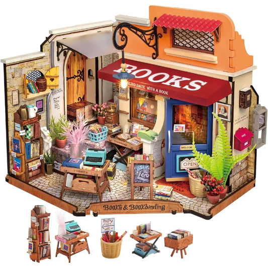 Corner Bookstore DIY Miniature House Kit with LED Lights